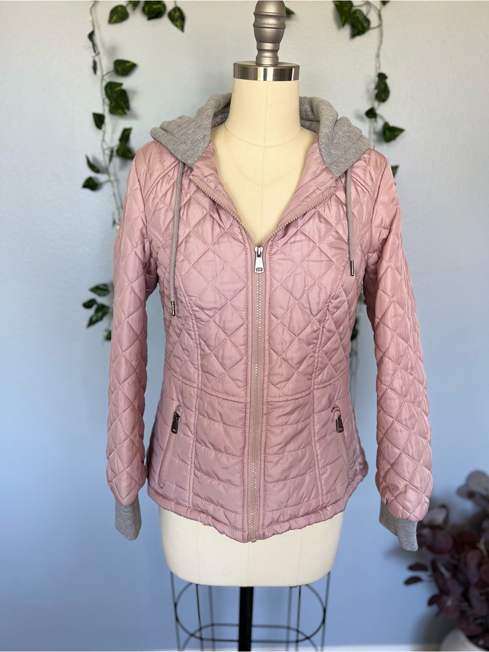 Sebby Collection Blush Pink Quilted Hooded Puffer Jacket Cinched Waist S